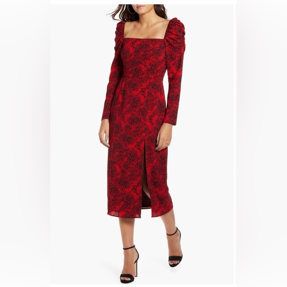Leith Splatter Print Square Neck Long Sleeve Midi Dress